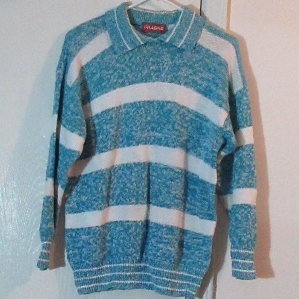 Mens' Blue White Long Sleeve Sweater FRAGILE